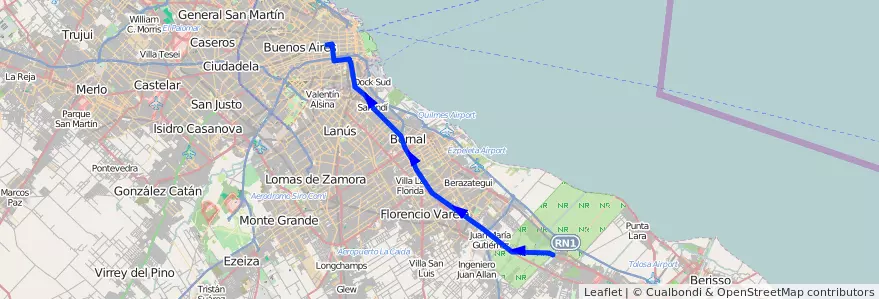 Mapa del recorrido R3 Once-La Plata de la línea 129 en 布宜诺斯艾利斯省.