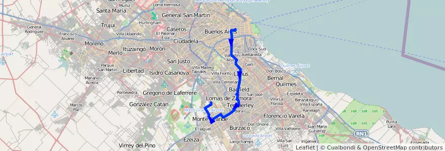 Mapa del recorrido R3 Once-Monte Grande de la línea 165 en Provincia di Buenos Aires.