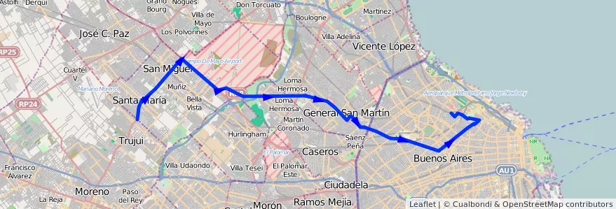 Mapa del recorrido R3 Palermo-Moreno de la línea 57 en Arjantin.