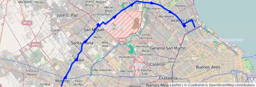 Mapa del recorrido R3 Pte.Saavedra-Moren de la línea 203 en 布宜诺斯艾利斯省.