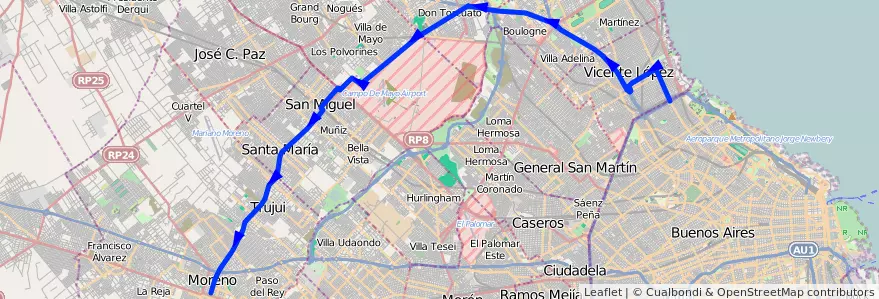 Mapa del recorrido R3 Pte.Saavedra-Moren de la línea 203 en Provincia di Buenos Aires.
