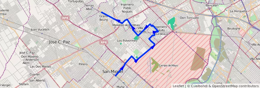 Mapa del recorrido R3 S.Miguel-G.Bourg de la línea 341 en Provincia di Buenos Aires.