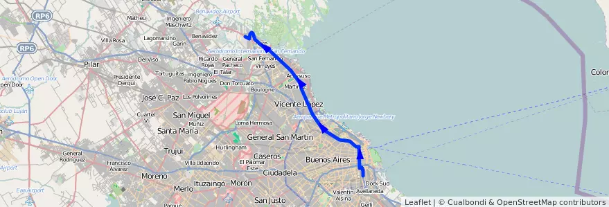 Mapa del recorrido R38 Const.-Tigre de la línea 60 en Аргентина.