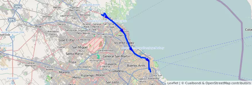 Mapa del recorrido R38 Const.-Tigre de la línea 60 en Argentine.