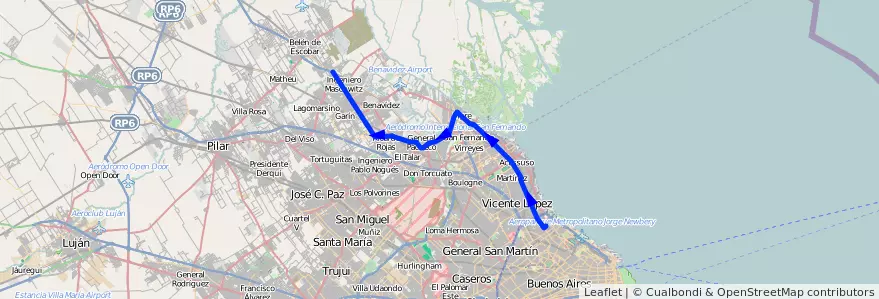 Mapa del recorrido R38 N-E x Ruta 9 de la línea 60 en Buenos Aires.