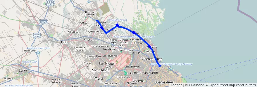 Mapa del recorrido R38 Nunez-Escobar de la línea 60 en Provincia di Buenos Aires.