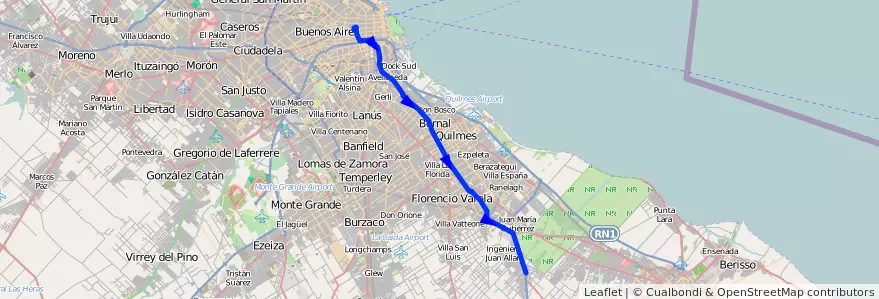 Mapa del recorrido R4 Once-La Plata de la línea 129 en Arjantin.
