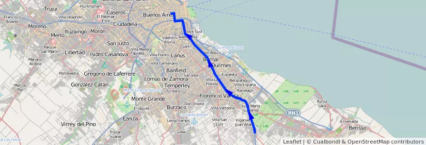 Mapa del recorrido R4 Once-La Plata de la línea 129 en Buenos Aires.
