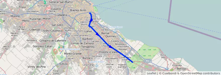 Mapa del recorrido R8 Const.-La Plata de la línea 129 en Provinz Buenos Aires.