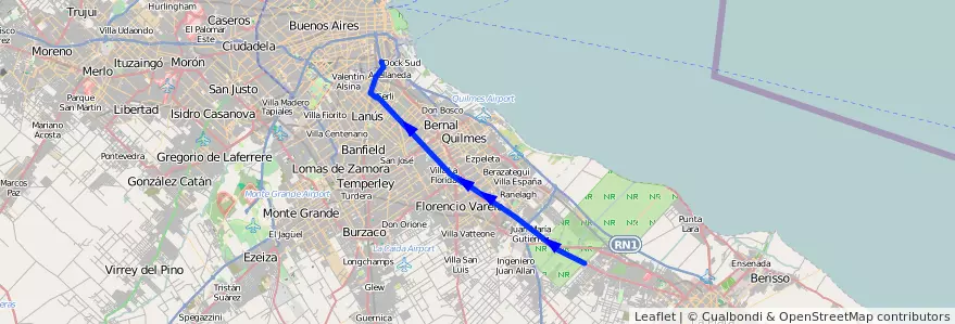 Mapa del recorrido R8 Const.-La Plata de la línea 129 en Buenos Aires.
