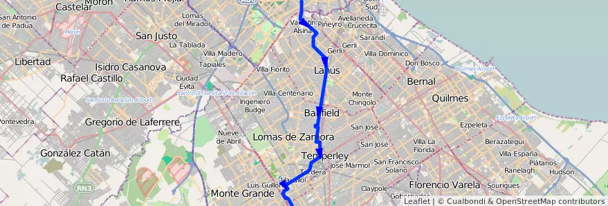 Mapa del recorrido R8 Pompeya-Loma Verde de la línea 165 en ブエノスアイレス州.