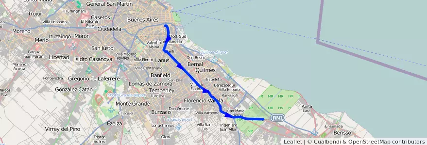 Mapa del recorrido R9 Const.-La Plata de la línea 129 en Buenos Aires.