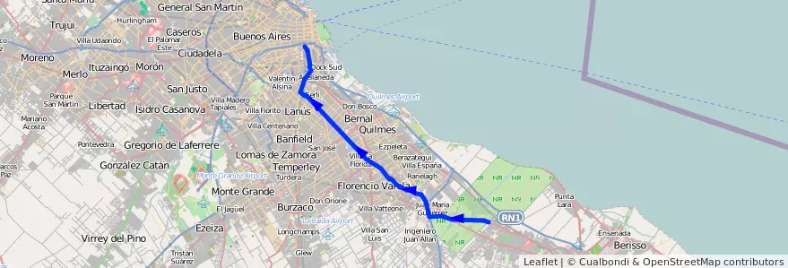 Mapa del recorrido R9 Const.-La Plata de la línea 129 en Provincia di Buenos Aires.