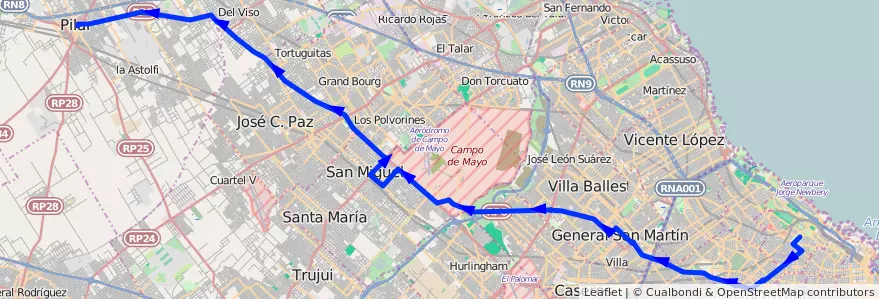 Mapa del recorrido Ramal 1 Pilar x Ruta 8 de la línea 57 en Argentina.
