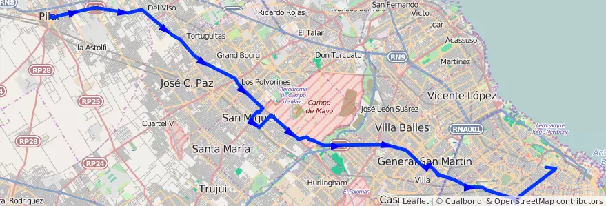 Mapa del recorrido Ramal 1 Pilar x Ruta 8 de la línea 57 en Arjantin.