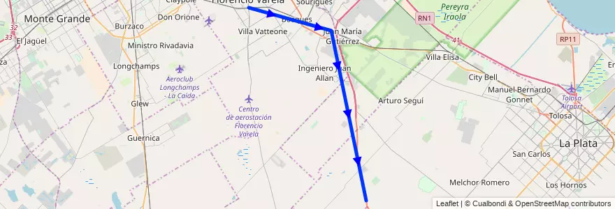 Mapa del recorrido Ramal 2 - El Cruce - El Pato de la línea 324 en Provincia di Buenos Aires.