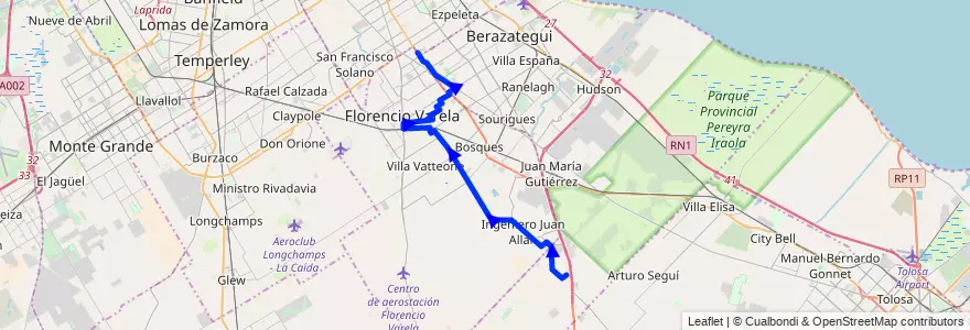 Mapa del recorrido Ramal 2 - El Pato - El Cruce de la línea 324 en Partido de Florencio Varela.