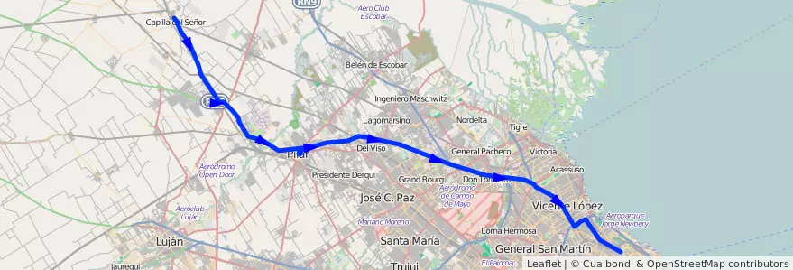 Mapa del recorrido Ramal 2 Expreso Pilar de la línea 57 en استان بوئنوس آیرس.