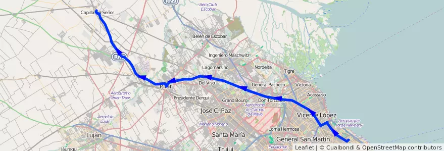 Mapa del recorrido Ramal 2 Expreso Pilar de la línea 57 en Buenos Aires.