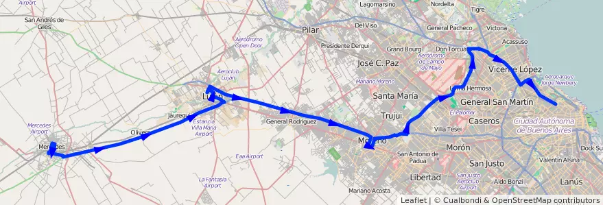 Mapa del recorrido Ramal 2 x Camino Buen Ayre  de la línea 57 en Buenos Aires.