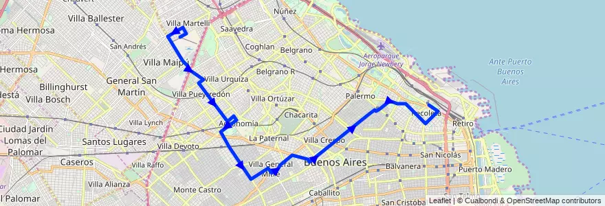 Mapa del recorrido Ramal 2 x Constituyentes de la línea 110 en Ciudad Autónoma de Buenos Aires.