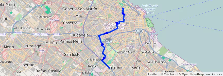 Mapa del recorrido Ramal B - Puente La Noria de la línea 36 en Ciudad Autónoma de Buenos Aires.