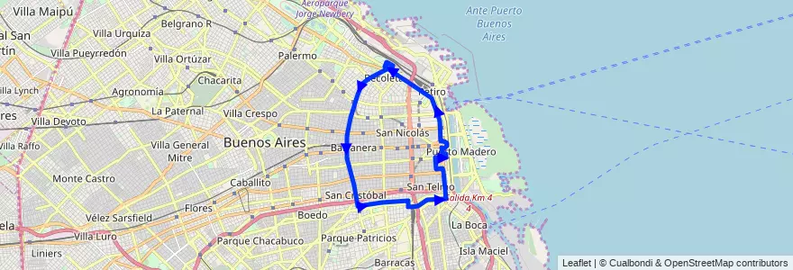 Mapa del recorrido RB Constitucion-Retiro de la línea 62 en Буэнос-Айрес.