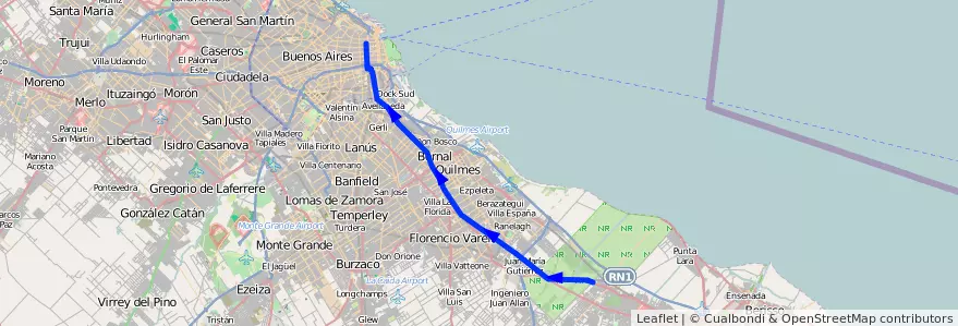 Mapa del recorrido RC Tribunales-La Plat de la línea 129 en 布宜诺斯艾利斯省.