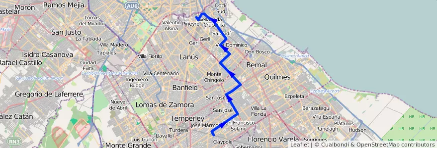 Mapa del recorrido R.Calzada-Avellaneda de la línea 271 en Provincia di Buenos Aires.