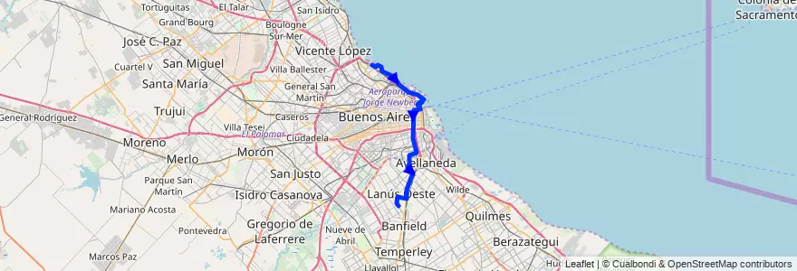 Mapa del recorrido Recorrido A - Ciudad universitaria - Lanús de la línea 45 en Argentinië.