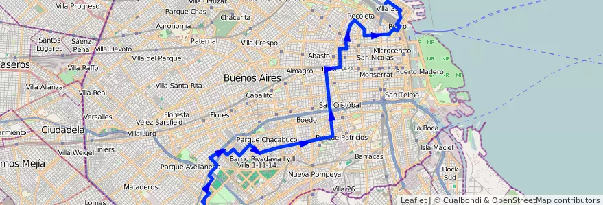 Mapa del recorrido Retiro-B. Samore de la línea 101 en Ciudad Autónoma de Buenos Aires.