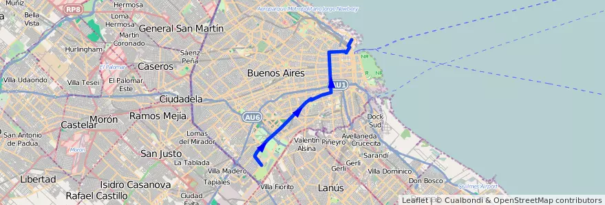 Mapa del recorrido Retiro-B. Savio de la línea 150 en Буэнос-Айрес.