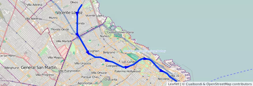 Mapa del recorrido Retiro-Bartolome Mitre de la línea Ferrocarril General Bartolome Mitre en Ciudad Autónoma de Buenos Aires.