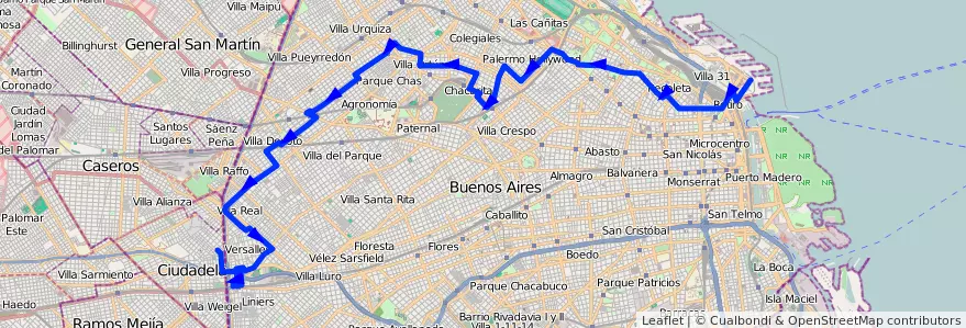 Mapa del recorrido Retiro-Ciudadela de la línea 108 en Ciudad Autónoma de Buenos Aires.