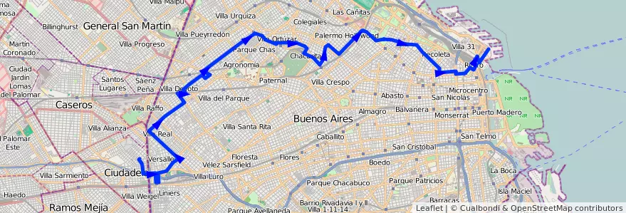 Mapa del recorrido Retiro-Ciudadela de la línea 108 en Буэнос-Айрес.