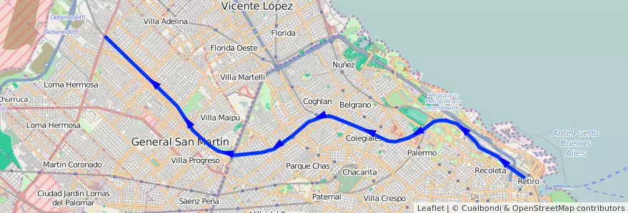 Mapa del recorrido Retiro-Jose Leon Suarez de la línea Ferrocarril General Bartolome Mitre en Аргентина.