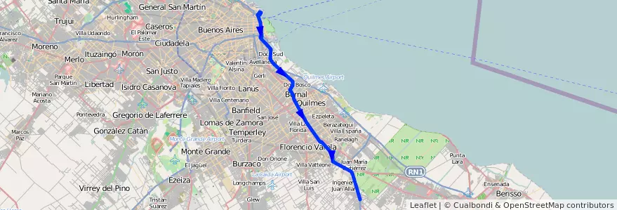 Mapa del recorrido Retiro-Las Pipinas de la línea 129 en Буэнос-Айрес.