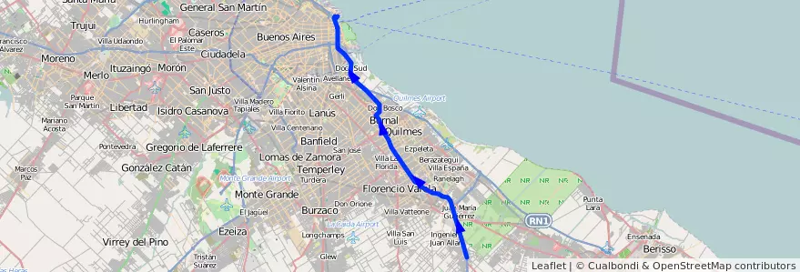 Mapa del recorrido Retiro-Las Pipinas de la línea 129 en Buenos Aires.