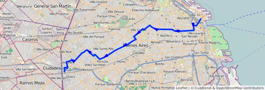 Mapa del recorrido Retiro-Liniers de la línea 106 en Ciudad Autónoma de Buenos Aires.