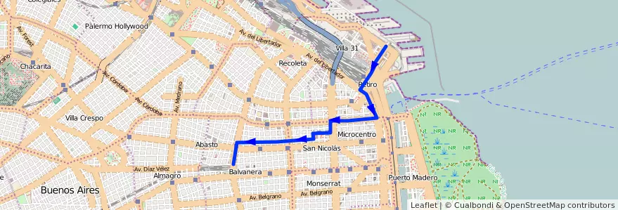 Mapa del recorrido Retiro-Once de la línea 115 en Ciudad Autónoma de Buenos Aires.