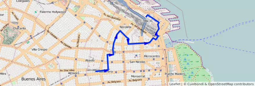 Mapa del recorrido Retiro-Once de la línea 101 en Ciudad Autónoma de Buenos Aires.