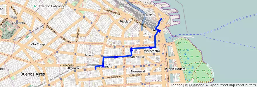 Mapa del recorrido Retiro-Once de la línea 115 en Буэнос-Айрес.