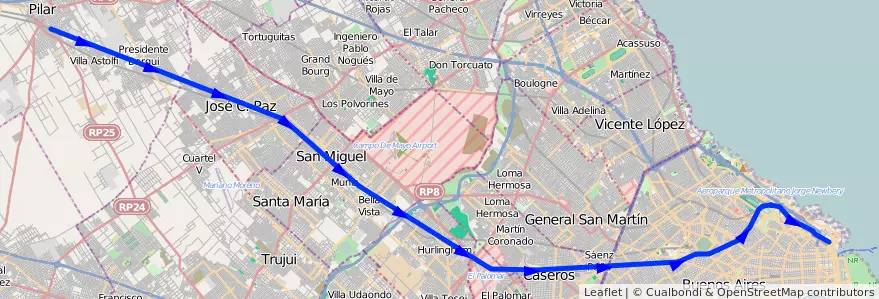 Mapa del recorrido Retiro-Pilar de la línea Ferrocarril General San Martin en Argentina.