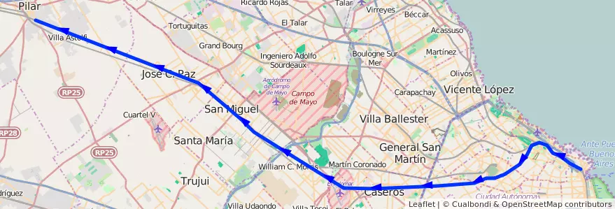 Mapa del recorrido Retiro-Pilar de la línea Ferrocarril General San Martin en 阿根廷.