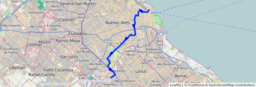 Mapa del recorrido Retiro-Pte. La Noria de la línea 101 en Ciudad Autónoma de Buenos Aires.