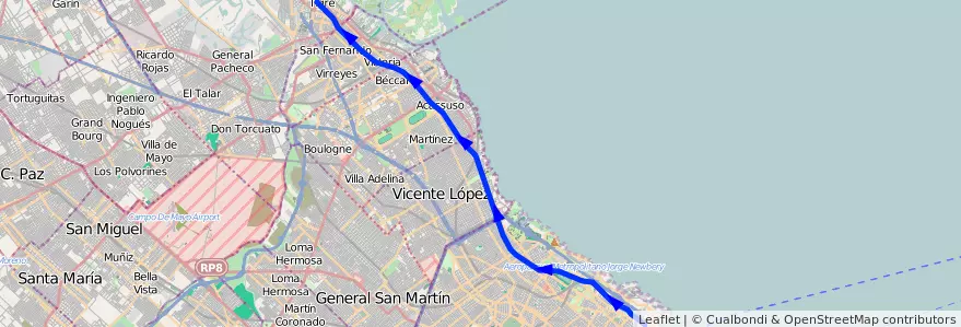 Mapa del recorrido Retiro-Tigre de la línea Ferrocarril General Bartolome Mitre en 아르헨티나.