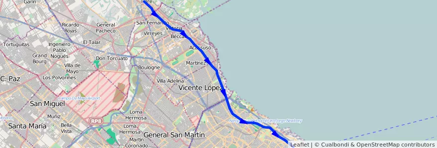 Mapa del recorrido Retiro-Tigre de la línea Ferrocarril General Bartolome Mitre en Arjantin.