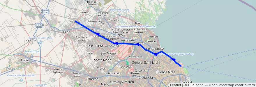 Mapa del recorrido Retiro-Villa Rosa de la línea Ferrocarril General Belgrano en 아르헨티나.