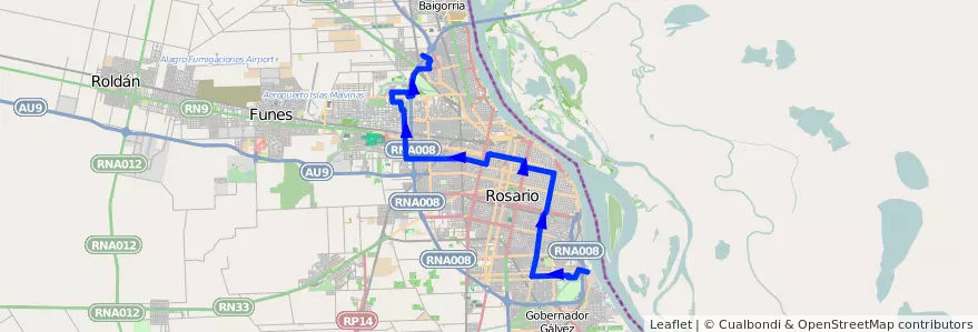 Mapa del recorrido  Roja (5 a 23hs) de la línea 142 en Росарио.