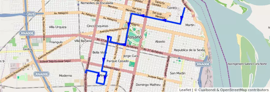 Mapa del recorrido  Roja de la línea 126 en Rosário.
